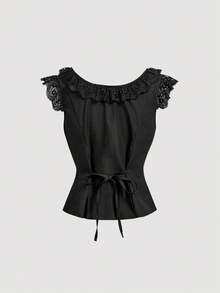 SHEIN MOD Women's French Romantic Sweet Lace Patchwork Single-Breasted Shirt For Dating Going Out Black Summer - Black - View 3