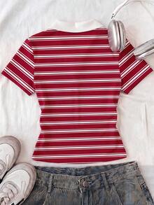 Tseoso 女款 Y2K 可愛紅白條紋 Polo T-shirt，櫻桃圖案，Softgirl 風格，學院風，適合夏季祭典、返校季、教師與學校穿著 - 白色 - 查看 2