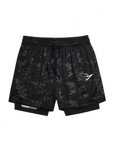 Gym Rark Men's Minimalist Versatile Printed Drawstring Waist Double Layer Sports Shorts - Black - View 3