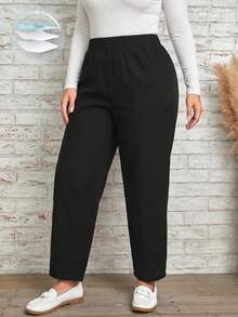 SHEIN PETITE CURVE 大尺碼純色極簡休閒長褲 秋季 - 黑色 - 查看 7