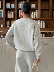 Muchica Light Grey Knit Sweatshirt With Embroidery Design, Women's Pullover, Y2K Grey Sweatshirt - Light Grey - View 2