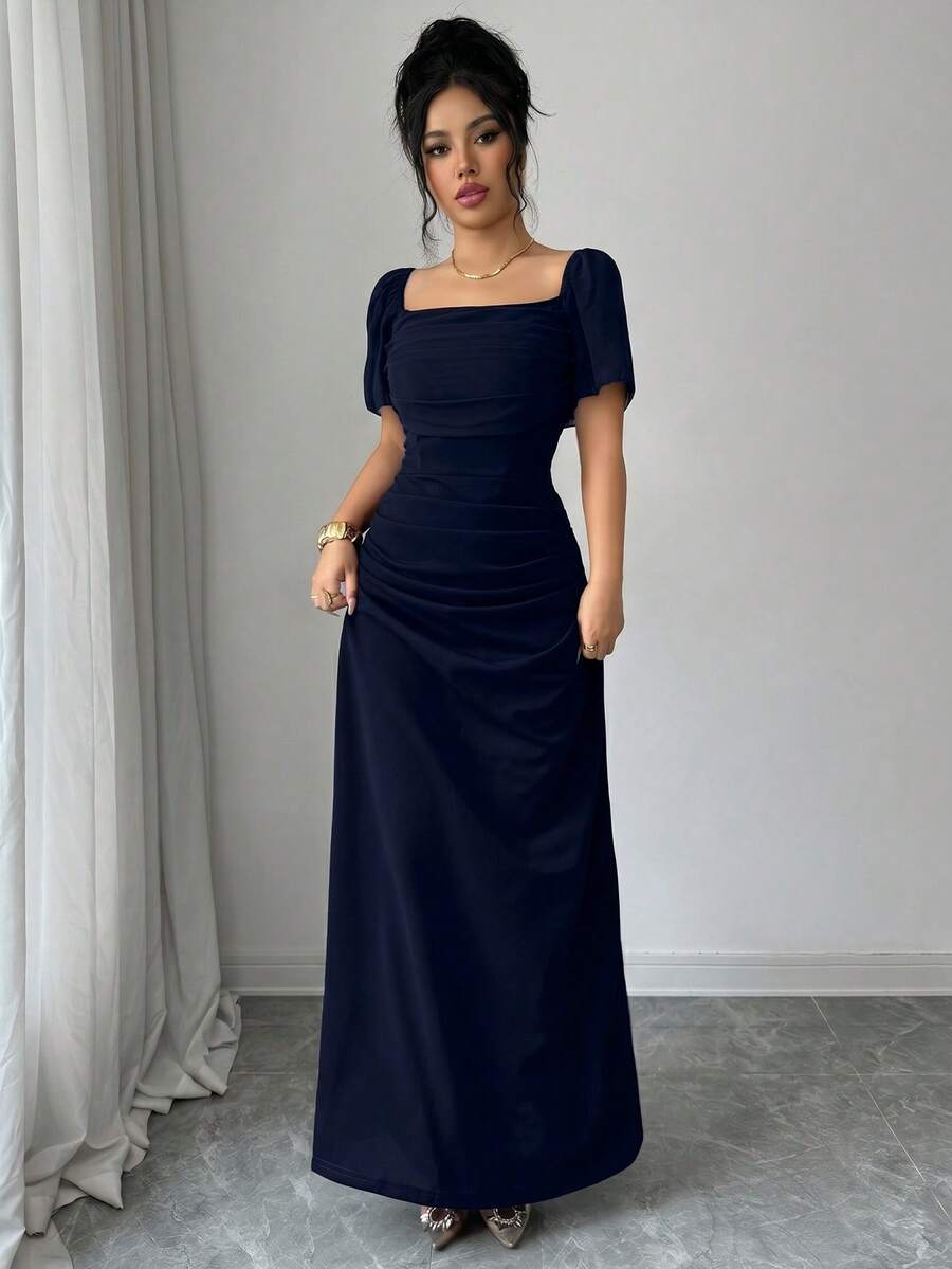 SHEIN Elenzya Short Sleeve Square Neck Cinched Waist Elegant Romantic Exquisite Women's Dress - Navy Blue - View 1