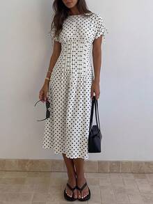 Siren Gaze Summer Elegant French Casual White And Black Polka Dot Maxi Dress For Women, Short Sleeve Tie Strap Ruched Waist Side Slit A-Line Long Dress, Beach - White - View 4