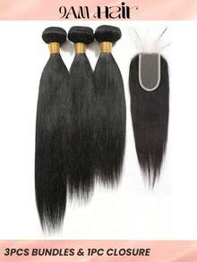 4pcs 2 X 4 Lace Closure Straight Human Hair Bundles With Closure Virgin Hair Extension Closure And 3 Bundles Real Double Weft Hair Weave Cheap Hair Daily Use Natural Black Color - Natural Black - View 1
