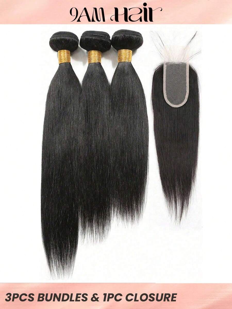 4pcs 2 X 4 Lace Closure Straight Human Hair Bundles With Closure Virgin Hair Extension Closure And 3 Bundles Real Double Weft Hair Weave Cheap Hair Daily Use Natural Black Color - Natural Black - View 1