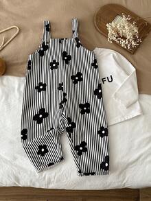 LMoss Kids Jumpsuit Anak Perempuan Muda, Jumpsuit Terusan Motif Bunga Bergaris Tenun - Hitam dan Putih - View 3