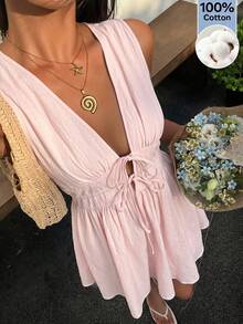 SHEIN EZwear 粉色深V領收腰梭織無袖條紋女款迷你洋裝 - 粉色 - 查看 6