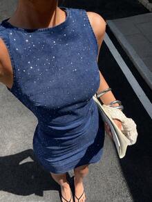 Aloruh Women's Rhinestone Design Pleated Fitted Sleeveless Fashion Denim Dress Summer Dresses For Women Elegant Dresses For Women Birthday Dresses For Women - Dark Wash - View 6
