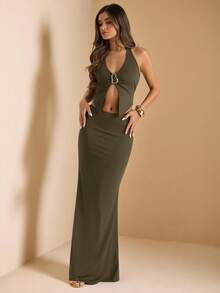 SHEIN BAE Women's Halter Neck Metal Buckle Decor Open Front Sexy Top Mid-Low Waist Mermaid Skirt Knit Two Pieces Set Olive Green Outfit Vacation Set Backless - Army Green - View 6
