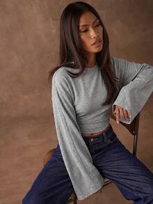 SHEIN BAE 女款純色圓領蝙蝠袖修身上衣 - 灰色 - 查看 6