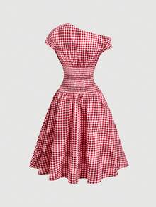 SHEIN MOD 女款格紋不對稱領縮腰休閒洋裝 - 紅白色 - 查看 2