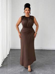Maweii Plus Size Women Sleeveless Round Neck Metal Waist Midi Dress - Coffee Brown - View 6