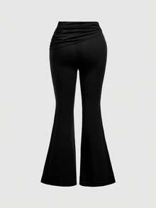 SHEIN MOD 女款純色腰部百褶鈕扣設計喇叭褲 - 黑色 - 查看 6