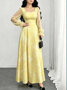Modelyn Hibiscus Flower Print Plus Size Dress, French Fashion Square Neck Lantern Long Sleeve Design Women's Floral Maxi Dress, Summer Waist-Cinching Long Elegant Dress, Floral Pattern Navy Blue Dress, Suitable For Summer Vacation And Daily Wear - Multicolor - View 3