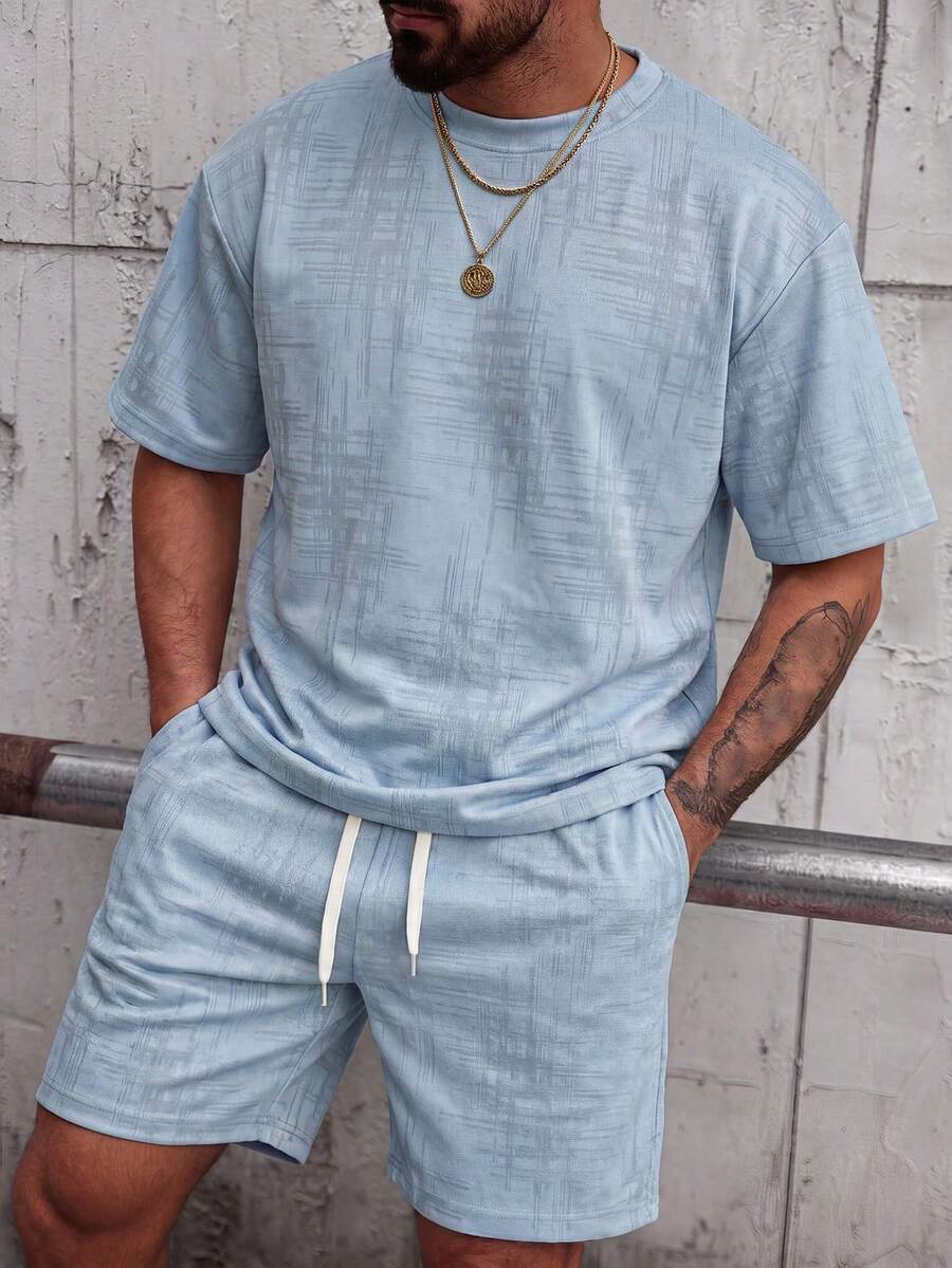 Manfinity CasualCool 男士圓領短袖T恤與抽繩腰短褲休閒日常穿搭 - 藍色 - 查看 1