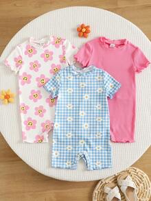 SHEIN 6 PCS, GET 3 PCS RANDOM, 3pcs Baby Girl Casual Comfortable Daily Versatile Floral Face And Blue & White Plaid Daisy Pattern Striped Knit Soft Round Neck Short Sleeve Romper Suitable For Summer, Travel, Vacation, Spring And Summer - Multicolor - View 9