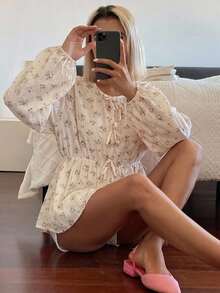 DAZY 女款圓領蝴蝶結寬鬆版型夏季襯衫 - 杏色 - 查看 4