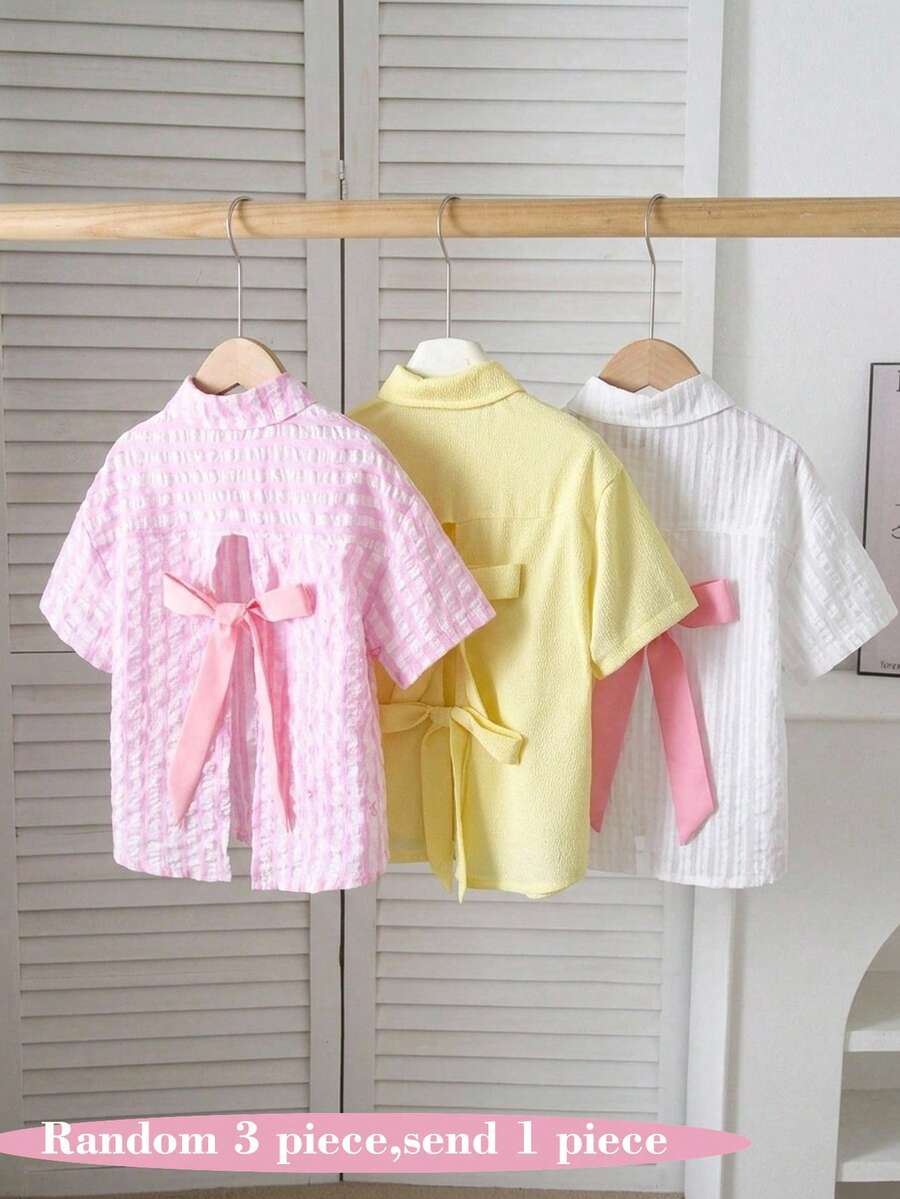 SHEIN 少女夏季軟綿隨機款 3 件組隨機發 1 件上衣,正式場合、旅行、百搭、度假、街頭,適合任何場合,姊妹裝、親子裝,可愛女孩穿搭 - 黃色 - 查看 1