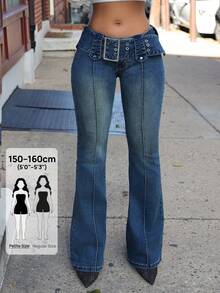 SHEIN PETITE Summer Elegant Streetwear Stretch Denim Flare Jeans Women Fashion Vacation Daily Wear - Dark Wash - View 1