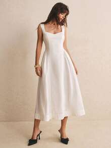 Poéselle Elegantes französisches Midi-Kleid für Damen in Weiß, einfarbig, mit Herz-Ausschnitt, ärmellos, quadratischem Ausschnitt, für Abschlussfeier, Hochzeit, Poolparty und Tagesparty im Sommer - Weiss - Übersicht 5