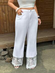 Sunnyshic Plus Size Women's Casual Versatile Daily Wear Denim Flare Jeans With Pockets, Buttons And Lace Patchwork - White - View 4