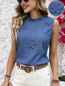 SHEIN Summer Blue Sleeveless Vest With Ruffled Stand Collar And 3D Floral Applique Elegant Cute Suitable For Casual And Professional Occasions Brunch - Blue - View 4