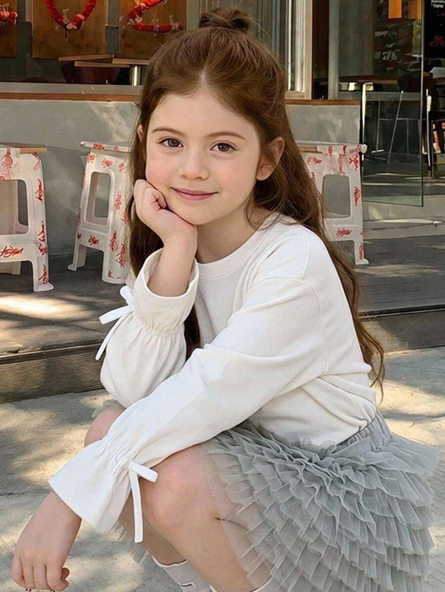 DAZY Young Young Girls Round Neck Long Sleeve T-Shirt With Bow Decor On Cuffs, Autumn - White - View 1