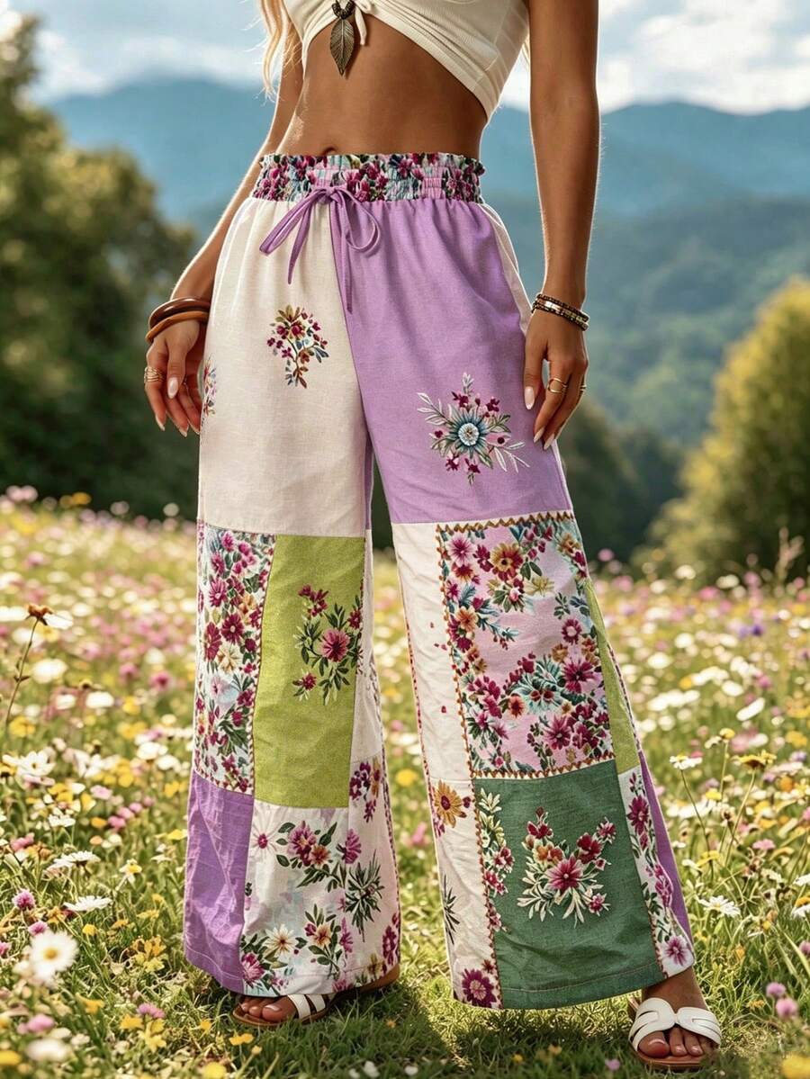 Zayélia Bohemian Boho Wide Leg Pants Color Block Floral Print Elastic Waist Drawstring Long Pants Loose Pants Garden Party Picnic Purple Floral Autumn - Multicolor - View 1