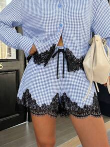 Siren Gaze Gestreiftes Kurzhemd und Shorts Set, Spitzenverzierung Damen Zweiteiler Set, Shorts Set, Hemd Set - Blau-Weiß - Übersicht 3