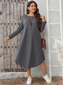 EMERY ROSE Plus Size Solid Color Long Sleeve Casual Loose Fit Vacation Dress Autumn Outfit For Women Going Out Formal Country Concert Fall Grey - Grey - View 5