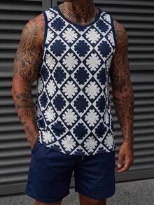Manfinity Homme Conjunto de camiseta de tirantes y pantalones cortos con estampado geométrico integral casual y fresco para hombre, estilo de verano, vacaciones - Multicolor - Ver 9