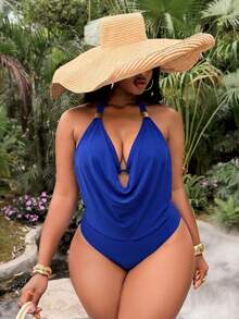 Slaydiva Conjunto de traje de baño tankini de mujer talla grande para verano y playa, color liso, con cuello drapeado - azul real - Ver 5