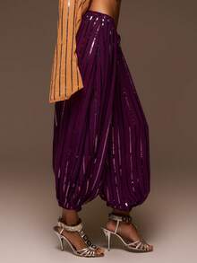 MUSERA Purple Chiffon Sequin Balloon Leg Drawstring Waist Pant - Purple - View 3
