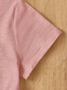 SHEIN EZwear 蓮藕粉針織女款圓領短袖荷葉邊下擺T恤 - 藕粉色 - 查看 7