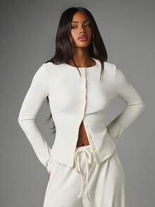 MISSGUIDED Ribbed Knit Co-Ord Set Long Sleeve Button-Up Cardigan Top And Wide Leg Drawstring Casual Pants Two-Piece Outfit - Apricot - View 4