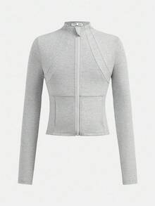 SHEIN 少女輕量拉鍊外套，透氣運動外套，適合跑步、健身、瑜伽，四季通用秋冬女童服飾 - 淺灰色 - 查看 3