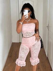 Maweii Sexy Date & Casual Outing Tight Bodycon Lace Patchwork Plus Size Black Tube Top & 3/4 Length Pants 2-Piece Set - Baby Pink - View 1