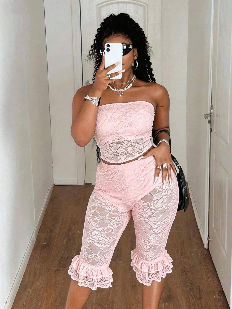 Maweii Sexy Date & Casual Outing Tight Bodycon Lace Patchwork Plus Size Black Tube Top & 3/4 Length Pants 2-Piece Set - Baby Pink - View 1