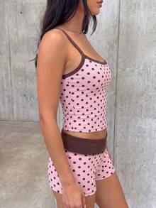 SHEIN EZwear 夏季粉色與棕色波點印花對比飾邊吊帶背心與短褲套裝 - 彩色 - 查看 3
