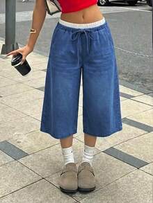 Teen Girls Colorblock Waist Light Blue Denim Loose Fit Long Pants - Dark Wash - View 3