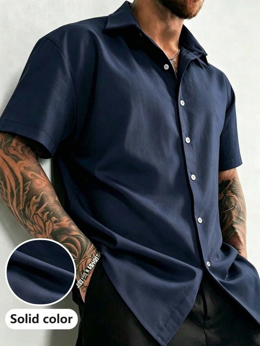 Manfinity Dauomo 男士時尚極簡純色單排扣短袖襯衫 - 藏蓝色 - 查看 1
