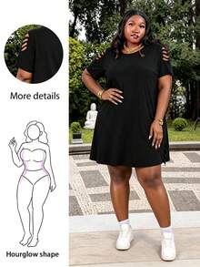 CurvyTilda Plus Size Loose Fit Short Sleeve Round Neckline A-Line Cut Distressed Knit T-Shirt Dress Elegant Black Summer - Black - View 1