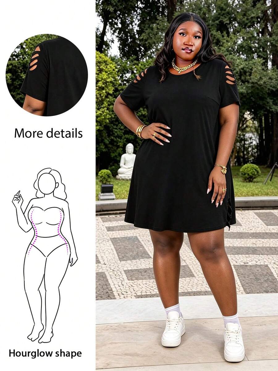 CurvyTilda Plus Size Loose Fit Short Sleeve Round Neckline A-Line Cut Distressed Knit T-Shirt Dress Elegant Black Summer - Black - View 1