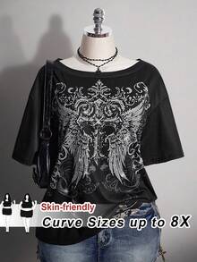 SHEIN CURVE+ 黑色布料骷髏印花上衣 常規款 2026夏季 大尺碼 22W 女款 萬聖節服裝 度假 晚裝 哥德風 街頭穿搭 - 黑色 - 查看 1