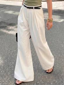 SHEIN PETITE 女款休閒白色西裝長褲，2026年春夏高品質新風格，時尚適合派對與通勤，展現洗練優雅造型 - 白色 - 查看 5