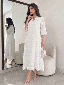 Lacomfia Spring/Summer Fashion Mint Green Positioned 3D Embroidered Stand Collar Mid-Length Sleeve Dress - White - View 4