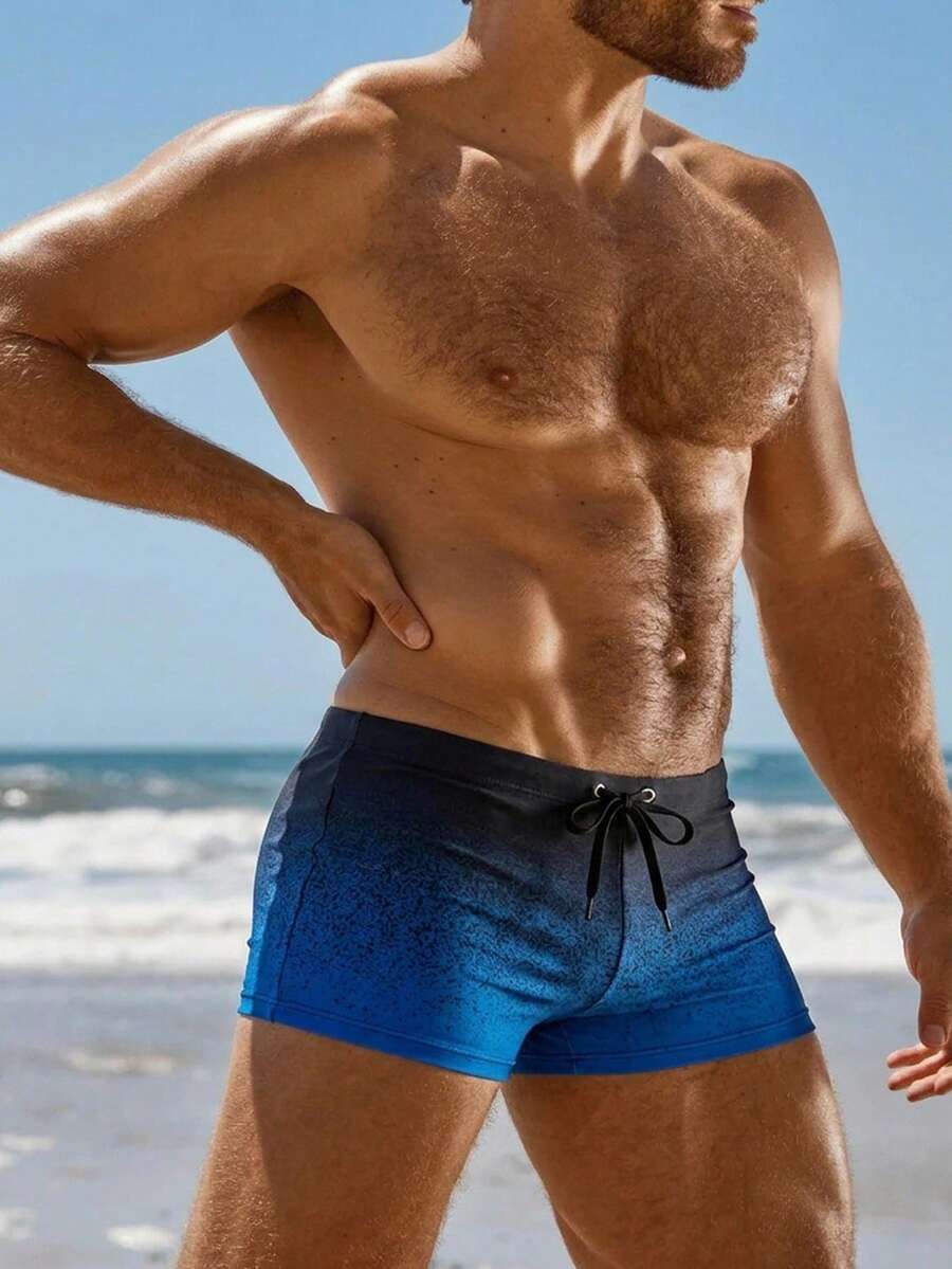 Manfinity Swimmode 男士漸層抽繩腰部沙灘泳褲 - 寶藍色 - 查看 1