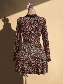 SHEIN ICON Plus Size Vintage 1960s Elegant Y2K Sexy V-Neck Lace Contrast Mesh Casual Floral Long Sleeve Dress Autumn Date Night Wedding Office Brown - Multicolor - View 10