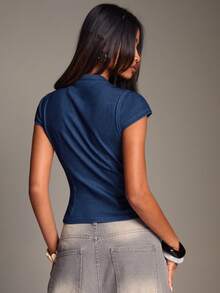 SHEIN BAE Women's Summer Casual Hollow-Out Front Button Denim Top - Medium Wash - View 2