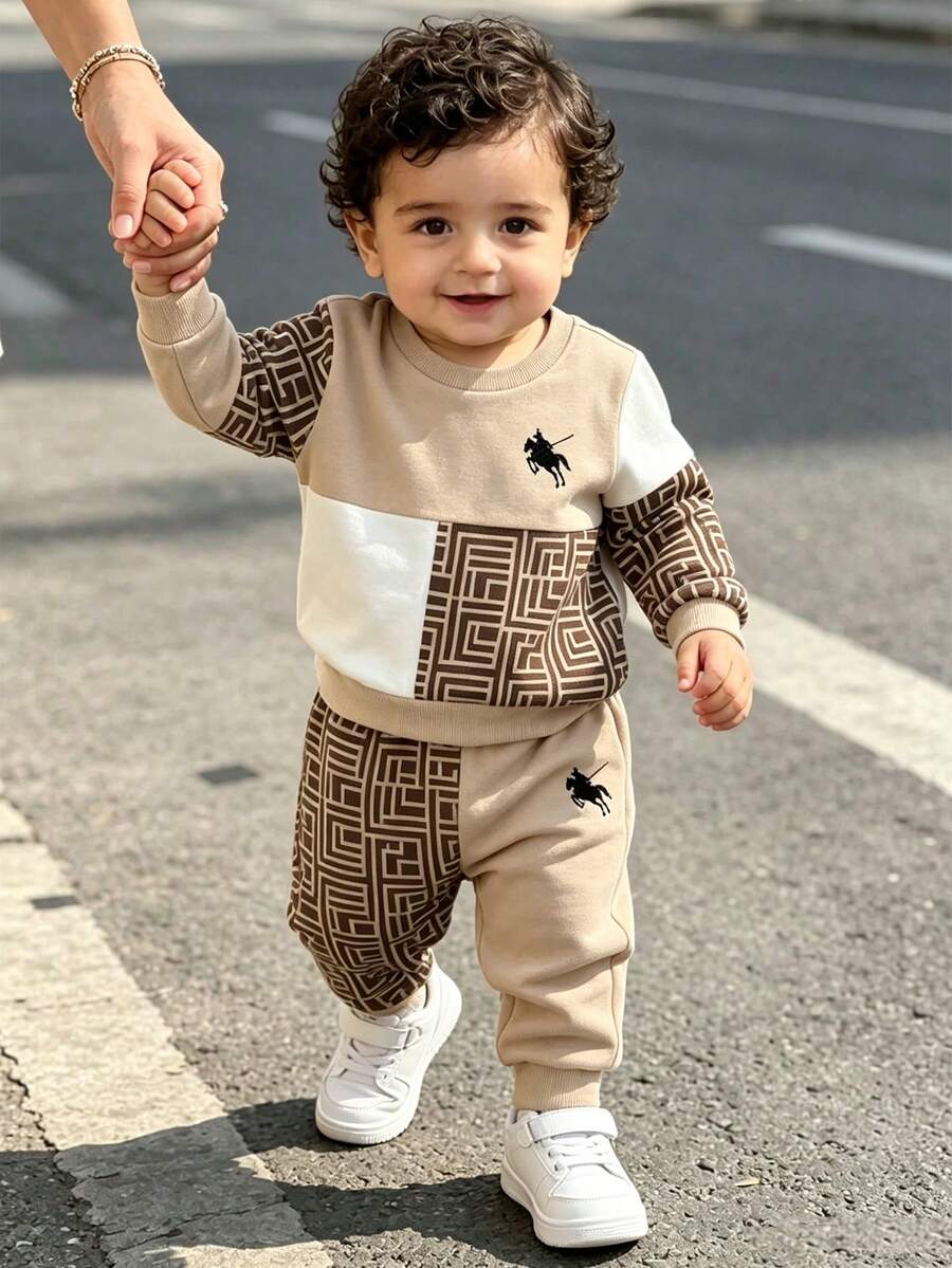 2pcs/Set Baju Sweatshirt dan Celana Sweatpants Bayi Laki-laki yang Serasi, Pakaian Musim Gugur yang Nyaman dan Serasi untuk Keluarga - MultiWarna - View 1